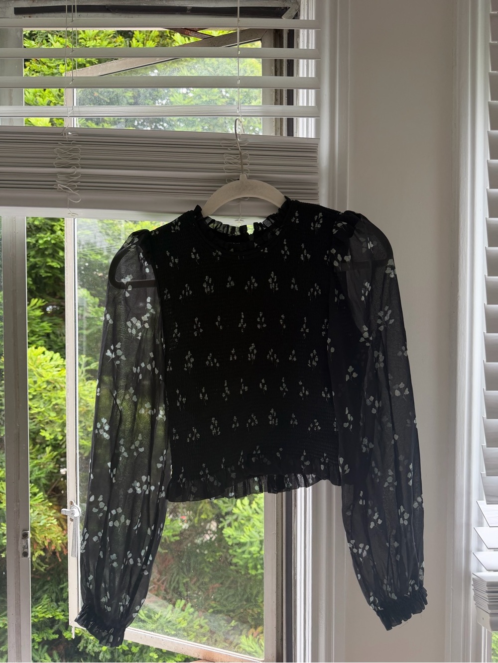 Aritzia Black Sheer Floral-Print Long Sleeve Blouse
